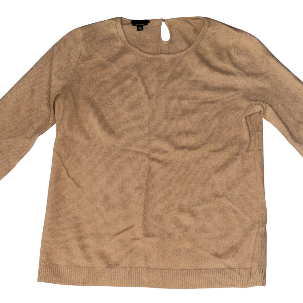 Talbots Pure Cashmere Sweater Camel Tan Keyhole Pearl Back 3/4 Sleeve Medium